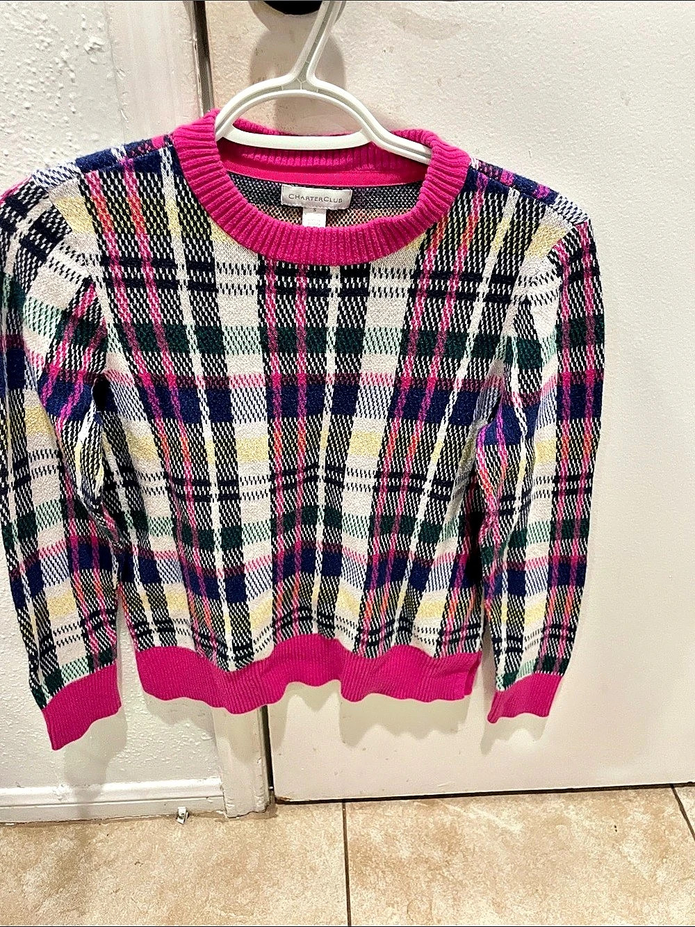 Charter Club Plaid Crewneck Sweater in Pink & White Size Small